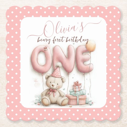 Sweet First Birthday with Teddy Bear  Kartonnen Onderzetters (Voorkant)