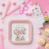 Sweet First Birthday with Teddy Bear  Papieren Bordje (Feest)