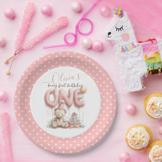 Sweet First Birthday with Teddy Bear  Papieren Bordje (Feest)