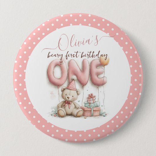 Sweet First Birthday with Teddy Bear  Ronde Button 4,0 Cm (Voorkant)