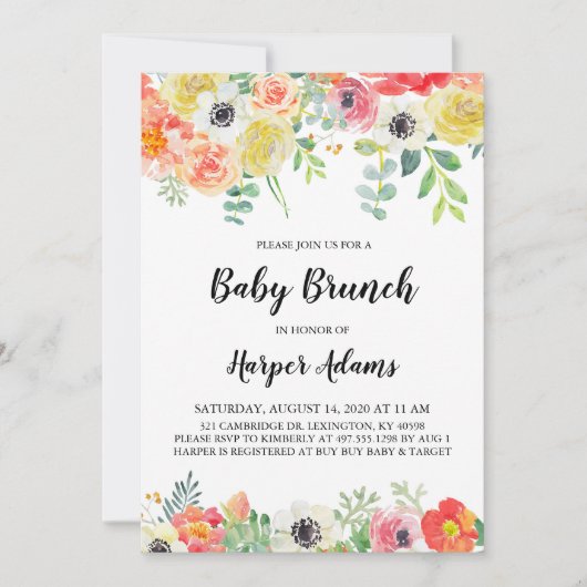 Sweet Floral Baby Brunch Uitnodiging (Voorkant)