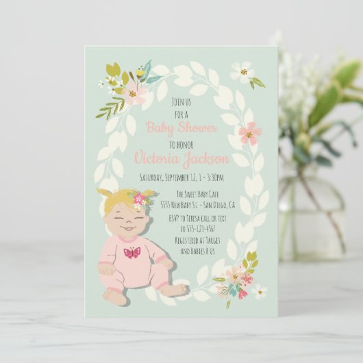 Sweet floral blonde baby shower uitnodigingen (Staand voorkant)