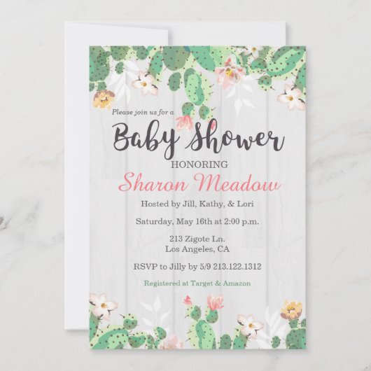Sweet Floral Cactus Baby shower Invitation Kaart (Voorkant)