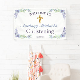 Sweet Floral Gold Cross Baby Christening Welkom Spandoek