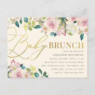Sweet Floral Gold Script Baby Brunch Uitnodiging Briefkaart