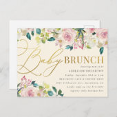 Sweet Floral Gold Script Baby Brunch Uitnodiging Briefkaart (Voorkant / Achterkant)