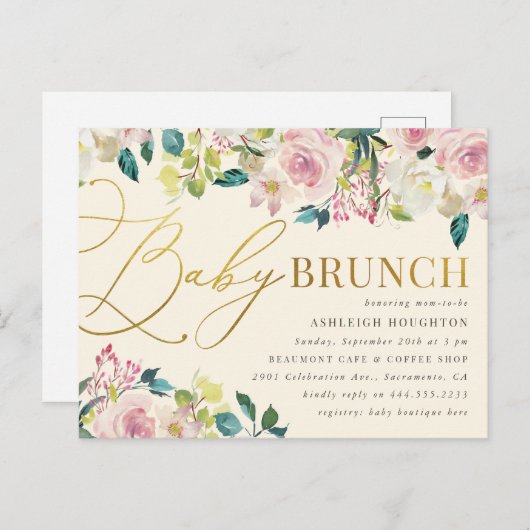 Sweet Floral Gold Script Baby Brunch Uitnodiging Briefkaart (Voorkant / Achterkant)