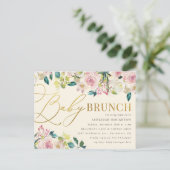 Sweet Floral Gold Script Baby Brunch Uitnodiging Briefkaart (Staand voorkant)