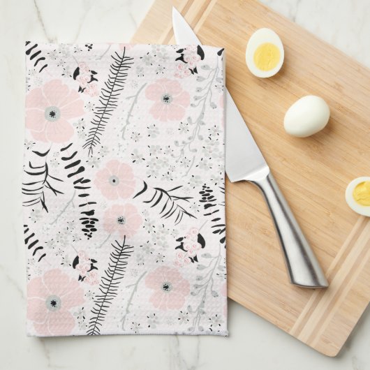 Sweet Floral Pink Black Whimsical PatternFlowers Theedoek (Quarter Fold)