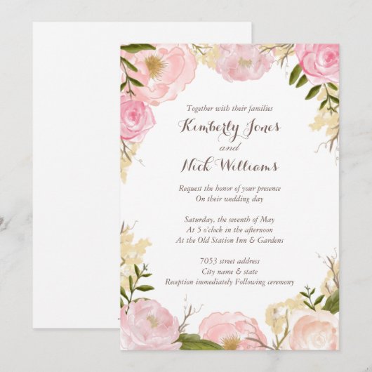 Sweet Floral Roos krans bruiloft uitnodiging (Voorkant / Achterkant)