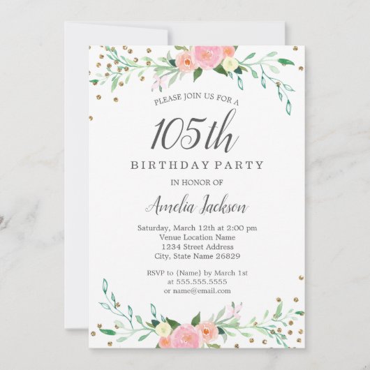 Sweet Floral Sparkle Confetti 105th Birthday Party Kaart (Voorkant)