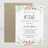 Sweet Floral Sparkle Confetti 105th Birthday Party Kaart (Voorkant / Achterkant)
