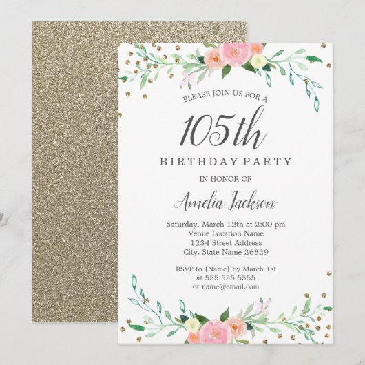 Sweet Floral Sparkle Confetti 105th Birthday Party Kaart (Voorkant / Achterkant)