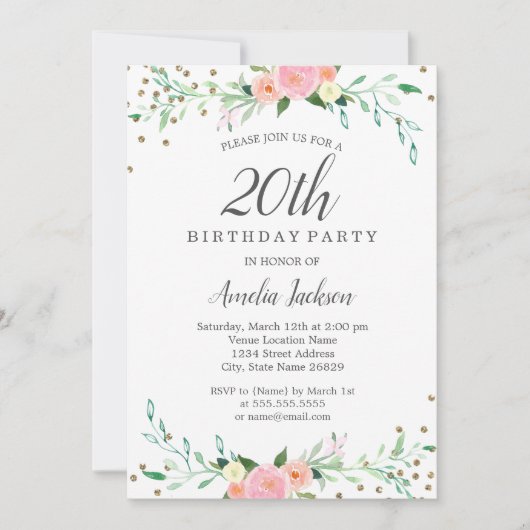 Sweet Floral Sparkle Confetti 20th Birthday Party Kaart (Voorkant)