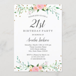Sweet Floral Sparkle Confetti 21st Birthday Party Kaart