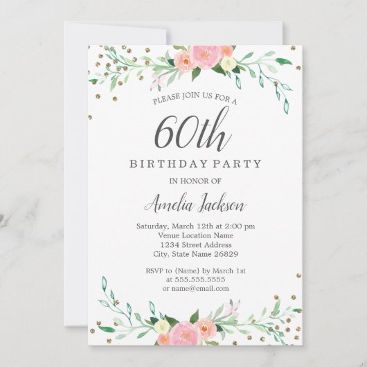Sweet Floral Sparkle Confetti 60th Birthday Party Kaart (Voorkant)