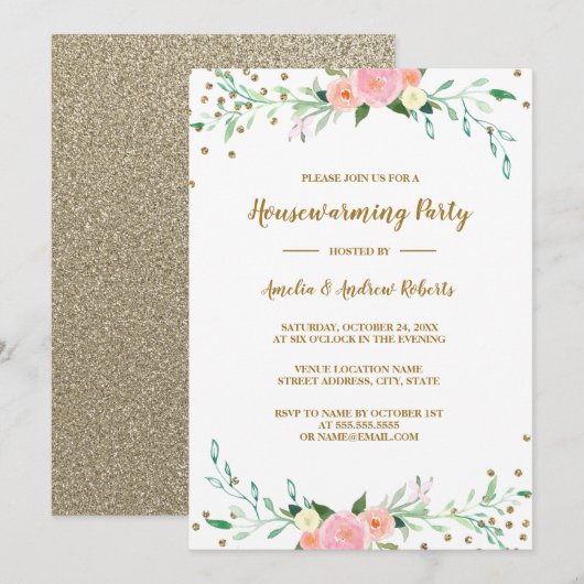 Sweet Floral Sparkle Confetti housewarming party Kaart (Voorkant / Achterkant)