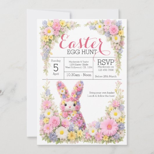 Sweet Flower Bunny Rabbit Easter Egg Hunt Lunch Kaart (Voorkant)