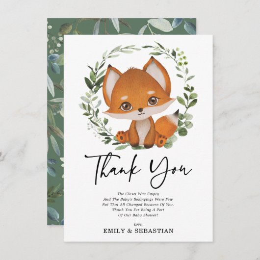 Sweet Fox Greenery Forest Baby shower Birthday Bedankkaart (Voorkant / Achterkant)