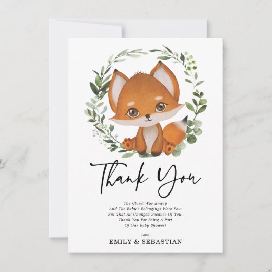 Sweet Fox Greenery Forest Baby shower Birthday Bedankkaart (Voorkant)