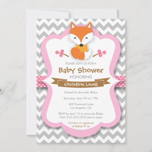 Sweet Fox Pink Baby shower Uitnodiging (Voorkant)