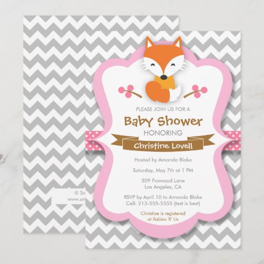 Sweet Fox Pink Baby shower Uitnodiging (Voorkant / Achterkant)