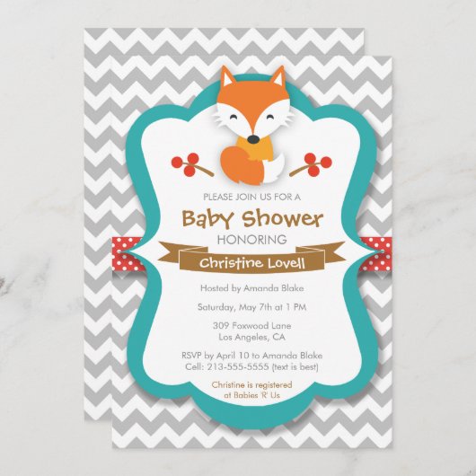 Sweet Fox Red & Turquoise Baby shower Uitnodiging (Voorkant / Achterkant)
