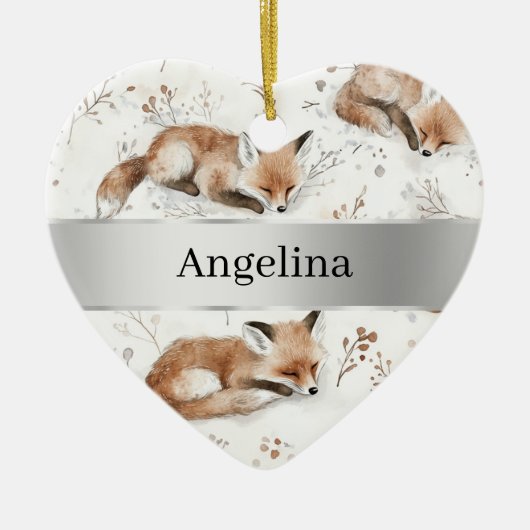 Sweet Fox Silver Ribbon Christmas Keramisch Ornament (Voorkant)