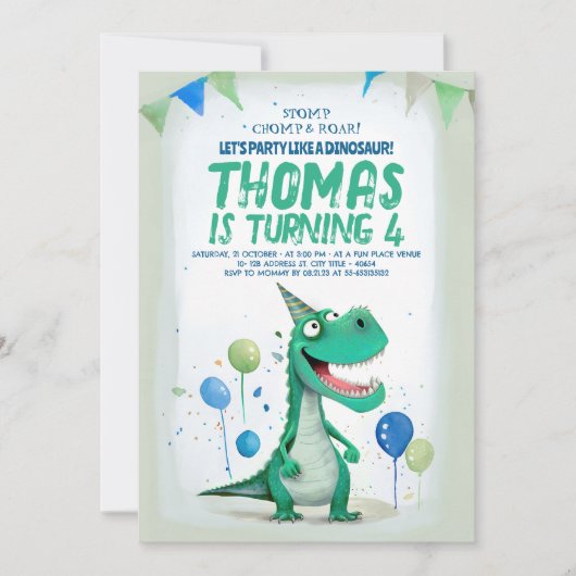 Sweet Fun Dinosaurus Blauw en Groen Verjaardag Kaart (Voorkant)
