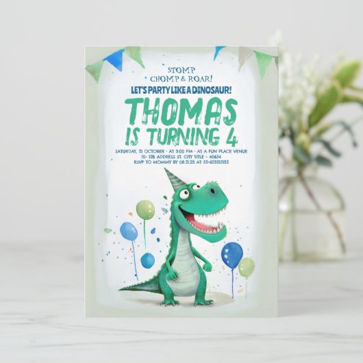 Sweet Fun Dinosaurus Blauw en Groen Verjaardag Kaart (Staand voorkant)