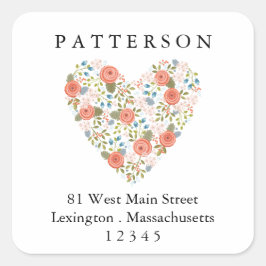 Sweet Garden Floral Heart Retouradreslabel Vierkante Sticker