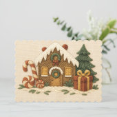 Sweet geborduurd peperkoek huis ontwerp feestdagenkaart (Staand voorkant)