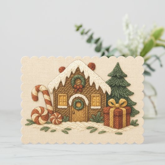 Sweet geborduurd peperkoek huis ontwerp feestdagenkaart (Staand voorkant)