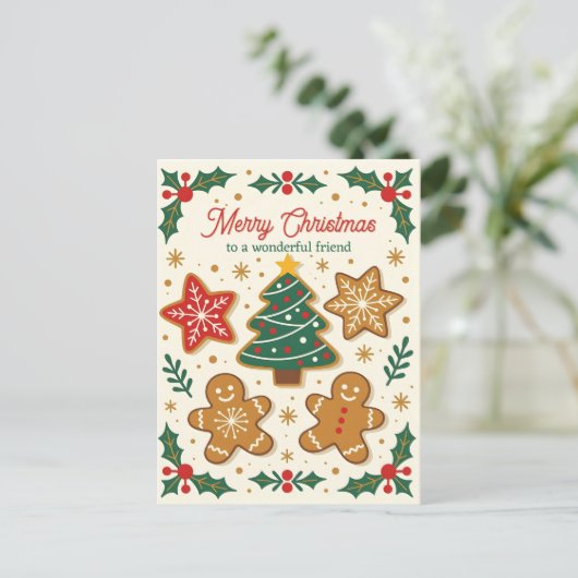 Sweet Gingerbread Cookies Holly Berries Kerstmis Feestdagenkaart (Staand voorkant)