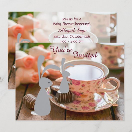 Sweet Girl Bunny Tea Cup Baby shower Uitnodiging (Voorkant / Achterkant)