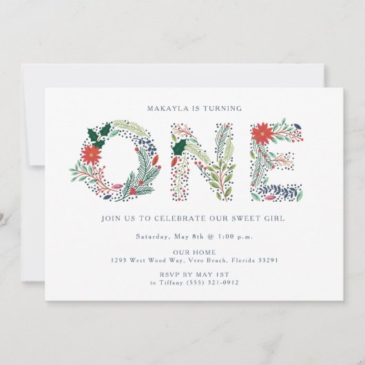 Sweet Girl Floral First Birthday Party Kaart (Voorkant)