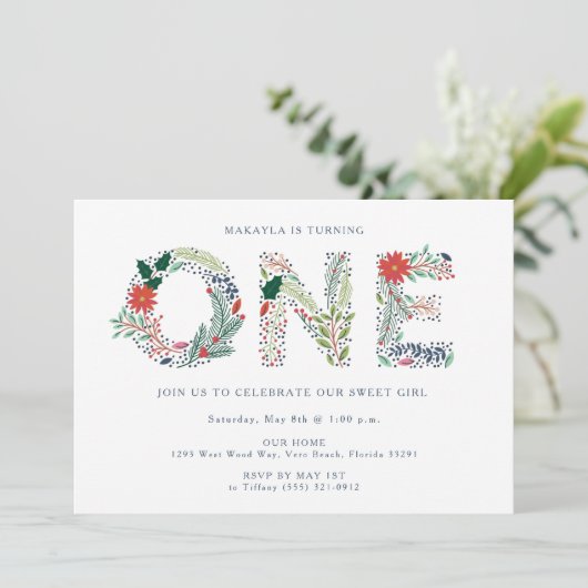 Sweet Girl Floral First Birthday Party Kaart (Staand voorkant)