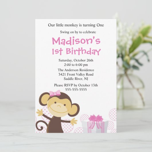 Sweet Girl Monkey Birthday Invitation Kaart (Staand voorkant)
