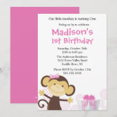 Sweet Girl Monkey Birthday Invitation Kaart (Voorkant / Achterkant)