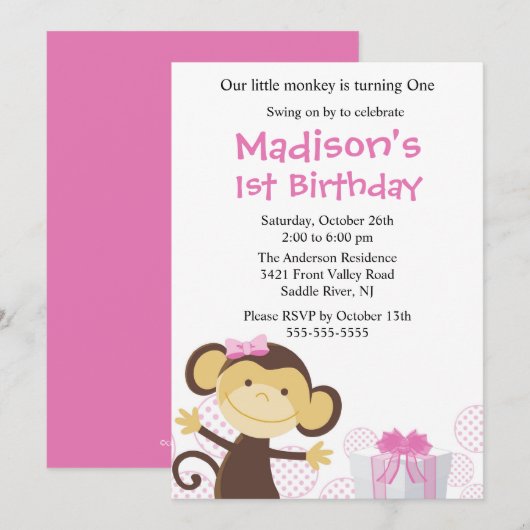 Sweet Girl Monkey Birthday Invitation Kaart (Voorkant / Achterkant)