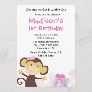 Sweet Girl Monkey Birthday Invitation Kaart