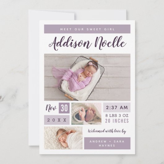 Sweet Girl Photo Collage Birth Announement Aankondiging (Voorkant)