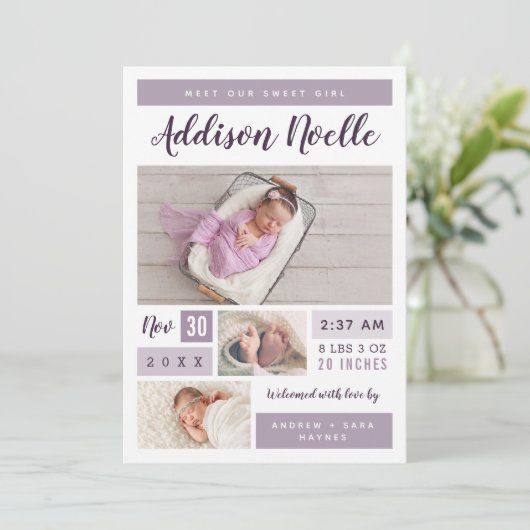 Sweet Girl Photo Collage Birth Announement Aankondiging (Staand voorkant)