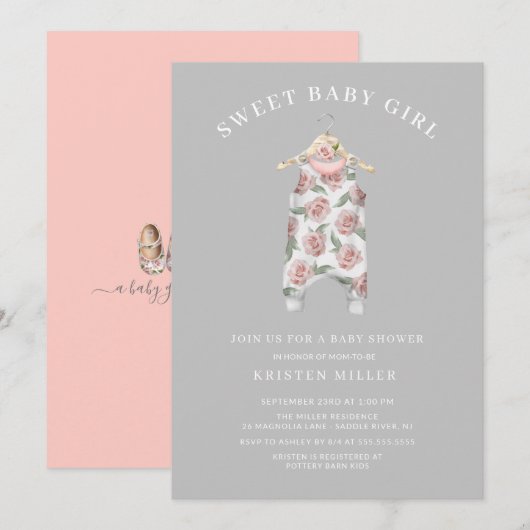 Sweet Girl Roos Romper Baby shower Kaart (Voorkant / Achterkant)