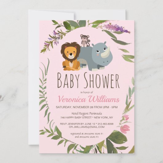 Sweet Girls Oerwoud Safari Animals Roze Baby showe Kaart (Voorkant)