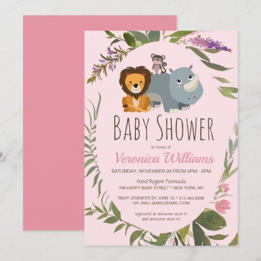 Sweet Girls Oerwoud Safari Animals Roze Baby showe Kaart (Voorkant / Achterkant)