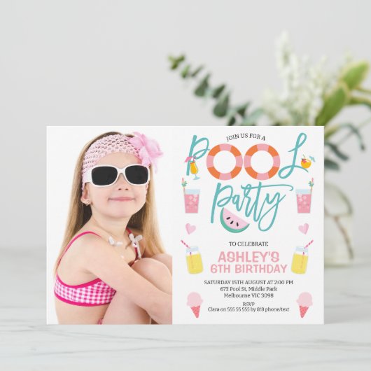 Sweet Girls Photo Summer Pool Birthday Kaart (Staand voorkant)