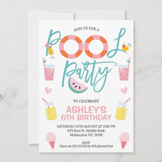 Sweet Girls Summer Pool Party Birthday Invitation Kaart (Voorkant)