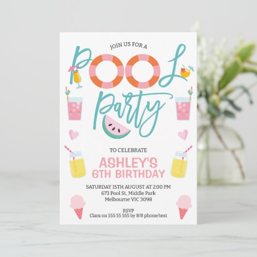 Sweet Girls Summer Pool Party Birthday Invitation Kaart (Staand voorkant)