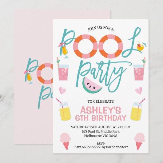 Sweet Girls Summer Pool Party Birthday Invitation Kaart (Voorkant / Achterkant)